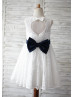 Ivory Lace Navy Blue Bow Heart Hole Back Flower Girl Dress  Ivory Lace Navy Blue Bow Heart Hole Back Flower Girl Dress